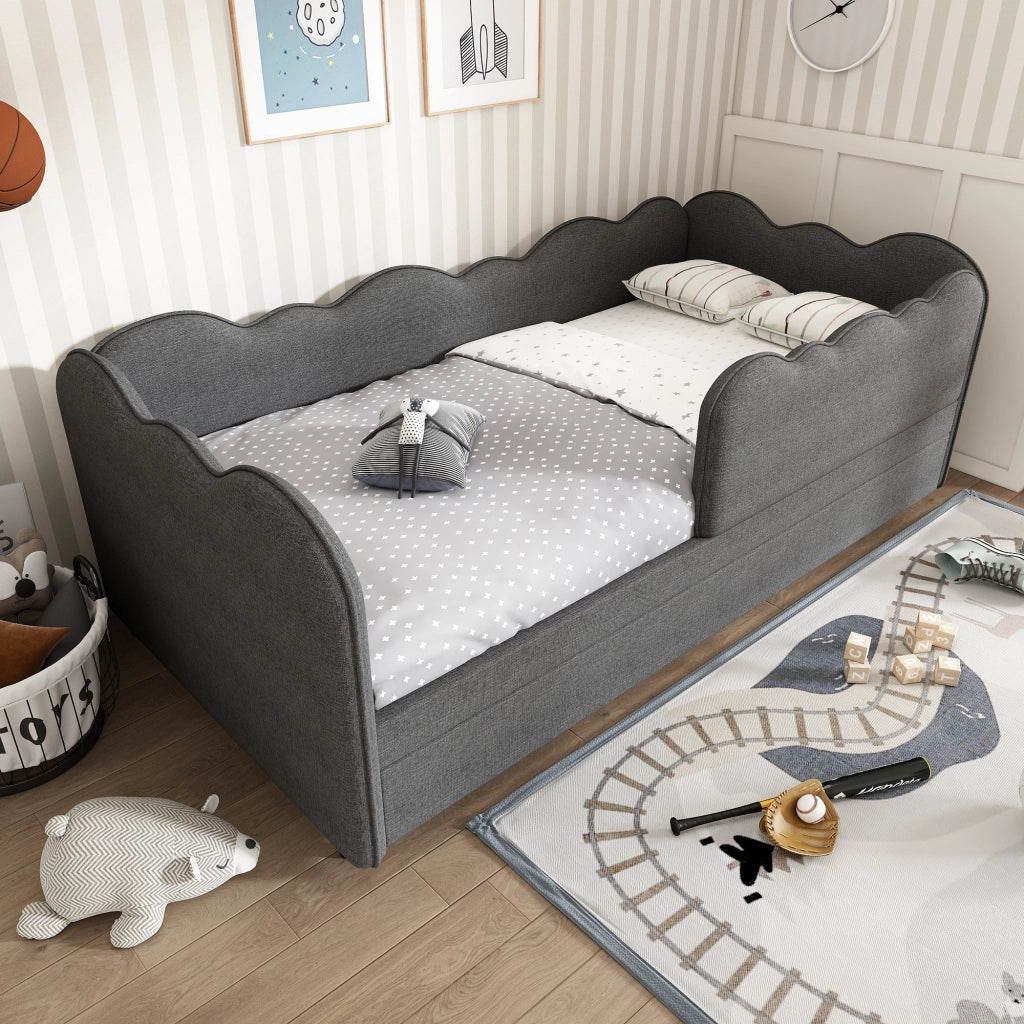 Letto daybed con letto estraibile 90x190 cm, letto per bambini in lino grigio con rete a doghe, senza materasso