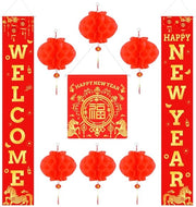 Lanterne Rosse Cinesi - Decorazione Cinese Capodanno - Anno del Cavallo - Poliestere e Carta - 6 Pezzi e 2 Couplets