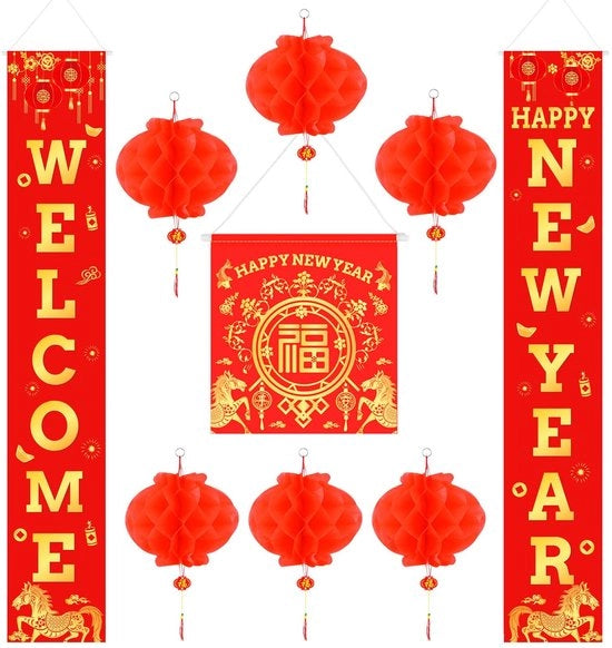 Lanterne Rosse Cinesi - Decorazione Cinese Capodanno - Anno del Cavallo - Poliestere e Carta - 6 Pezzi e 2 Couplets