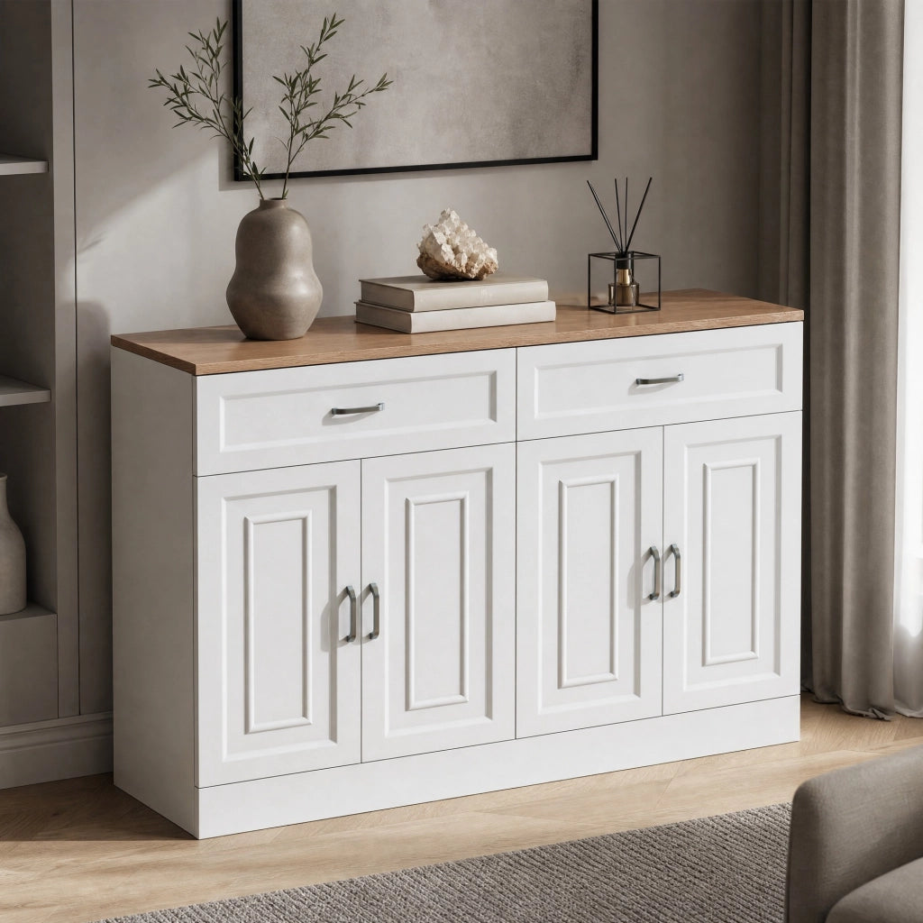 Credenza con 4 ante e 2 cassetti; ripiani regolabili; 120 x 35 x 80;5 cm; bianca