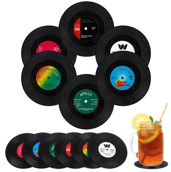 Onderzetters in vetro per 12 pezzi per piatti in vinile Onderzetters retro per bicchieri Onderzetters per bicchieri rotondi Onderzetters per caffè isolanti Onderzetters decorativi in vetro per bar, ufficio, casa (nero)