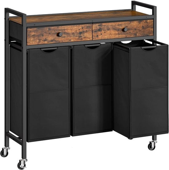 Lavatrice a ruote - Lavaggio separato - 3 Compartimenti - Stile rustico marrone e nero - Sacchi di lavaggio retrattili - Adatto per uso domestico - 84 x 30 x 96 cm