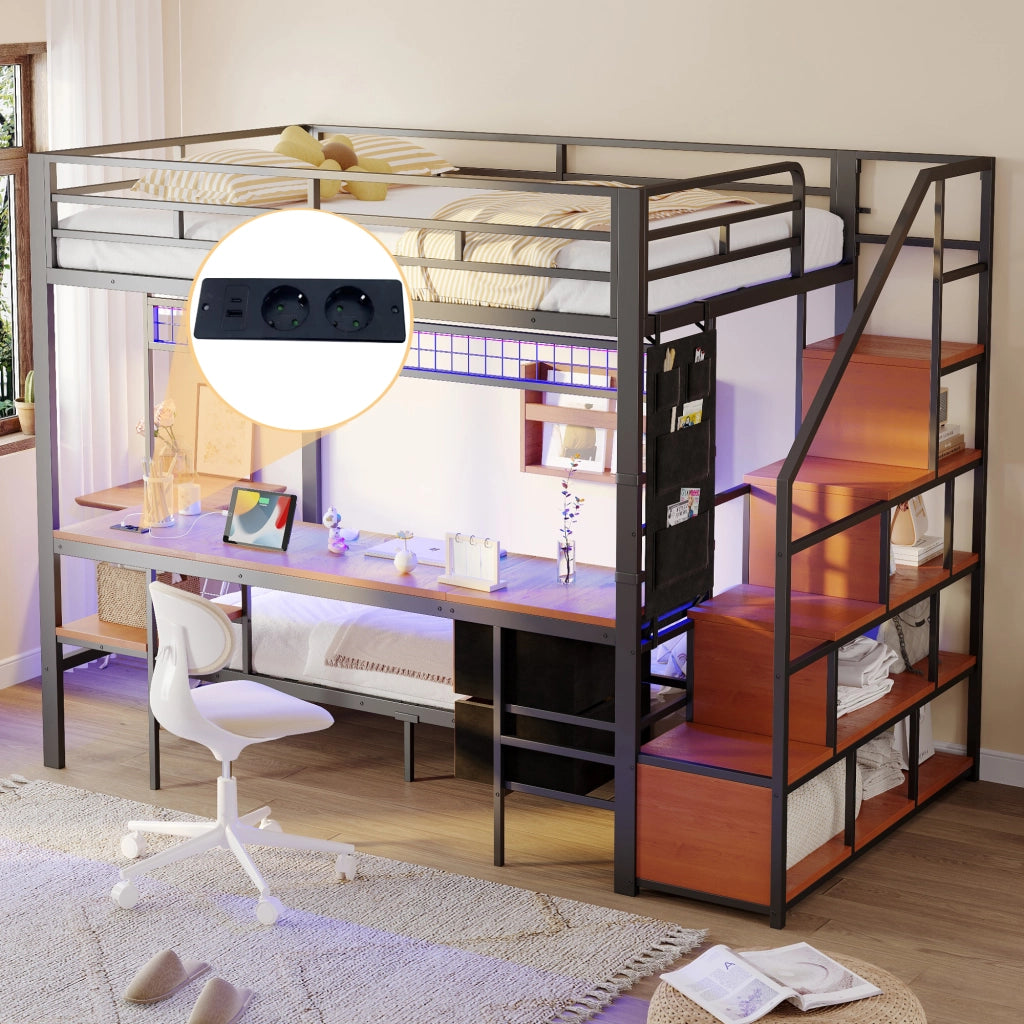 Letto a castello nero con scrivania integrata led e prese elettriche in metallo e legno 140x200 & 90x200 cm