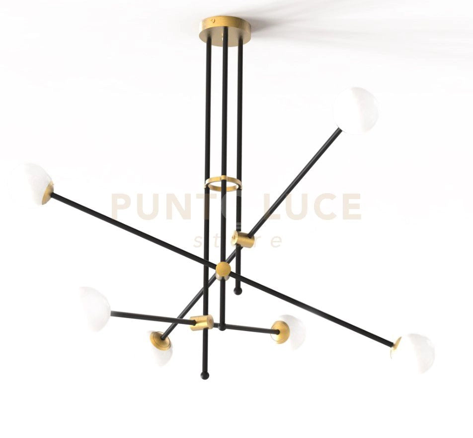 KEVIN Lampadario da soffitto 6 luci struttura nero e ottone spazzolato attacco G9