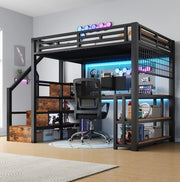 Letto a soppalco 140x200 cm con scrivania; LED e contenimento in metallo e MDF nero