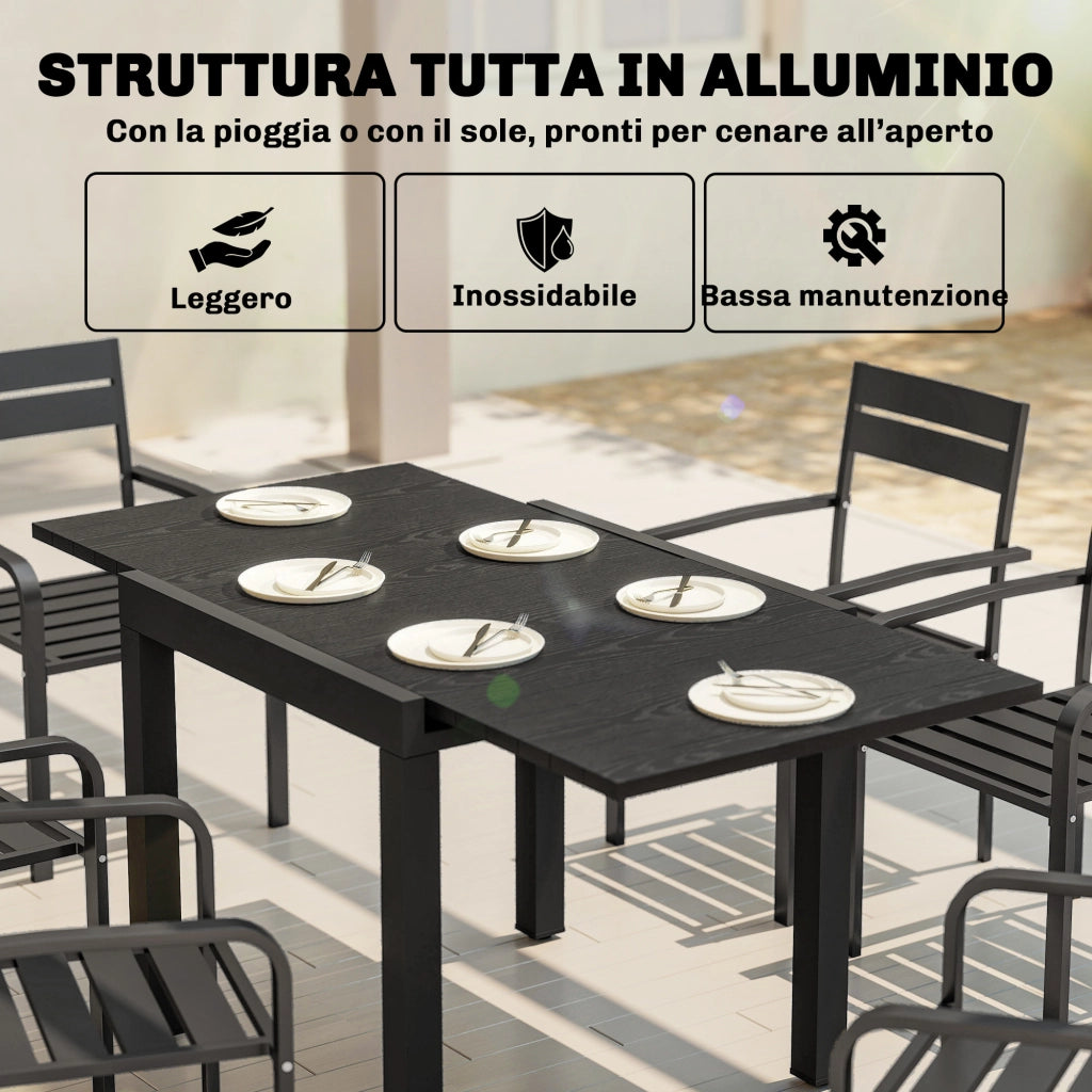 Tavolo da Giardino Allungabile per 4-6 Persone con Piano a Doghe, in Alluminio, 80/160x80x75 cm, Nero