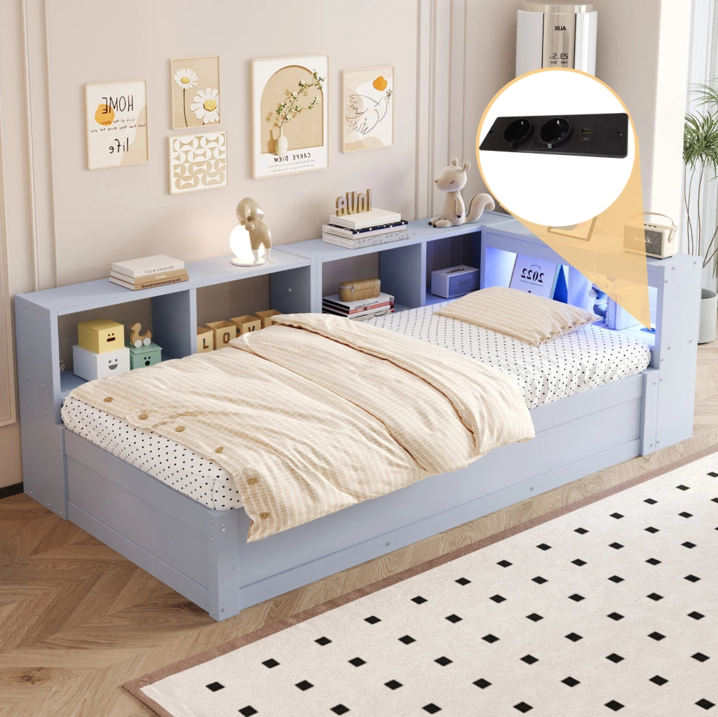 Letto multifunzione 90x200 cm con LED; presa integrata e contenitore; grigio
