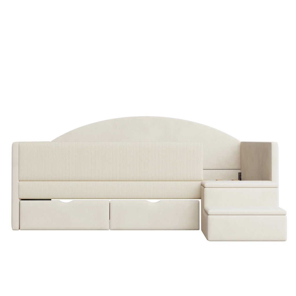 Letto imbottito 90x190 cm beige in velluto con 2 cassetti e scale