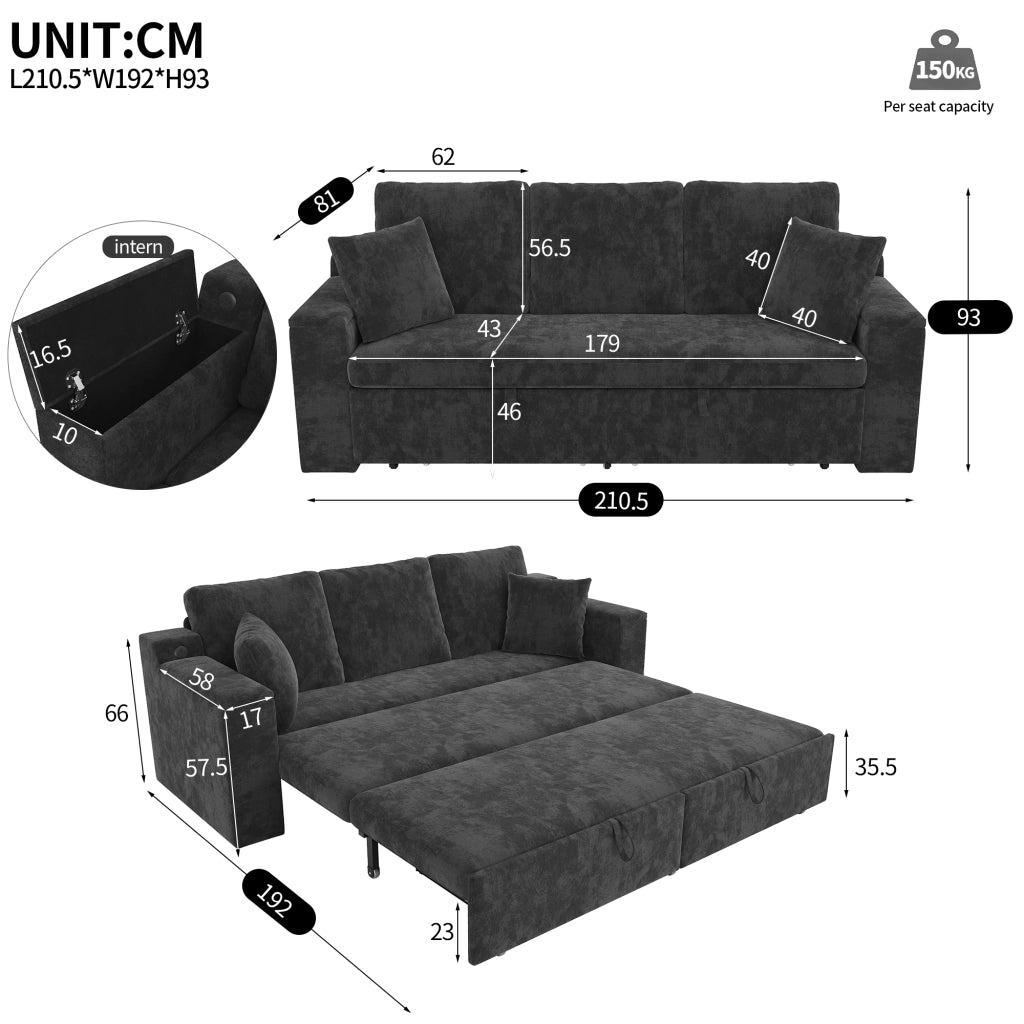 Divano letto 3 posti modulare con contenitore e porte USB e Type-C; in ciniglia grigio