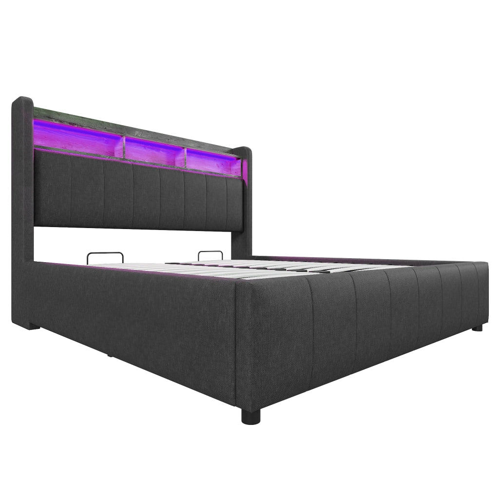 DESMIU Letto Contenitore Matrimoniale 160 × 200 cm con LED Regolabile, USB e Tipo-C, senza materasso, Grigio