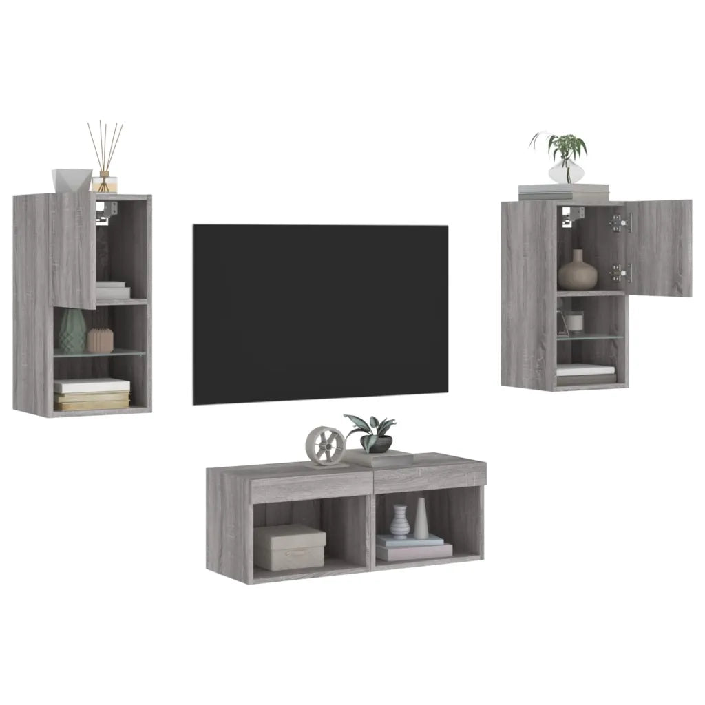 Mobili TV a Muro 4 pz-Credenza per TV con Luci LED Grigio Sonoma 340118