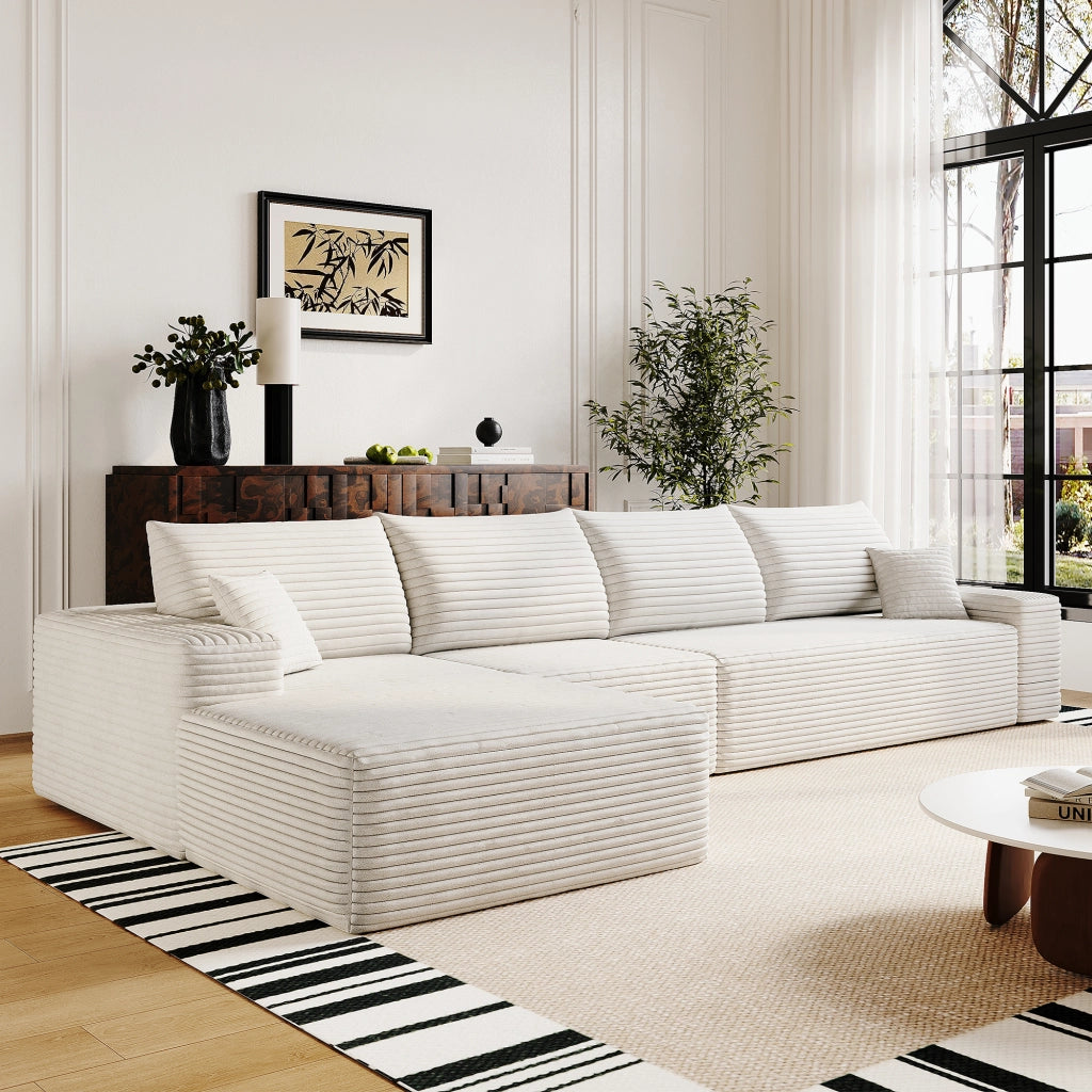 Divano angolare modulare con chaise longue a forma di l senza attrezzi imbottitura in schiuma elastica tessuto bianco