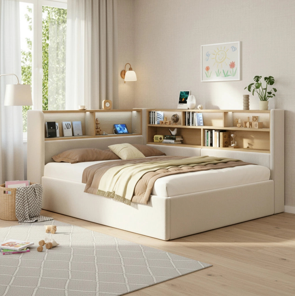 Letto con contenitore idraulico; LED e USB in velluto beige