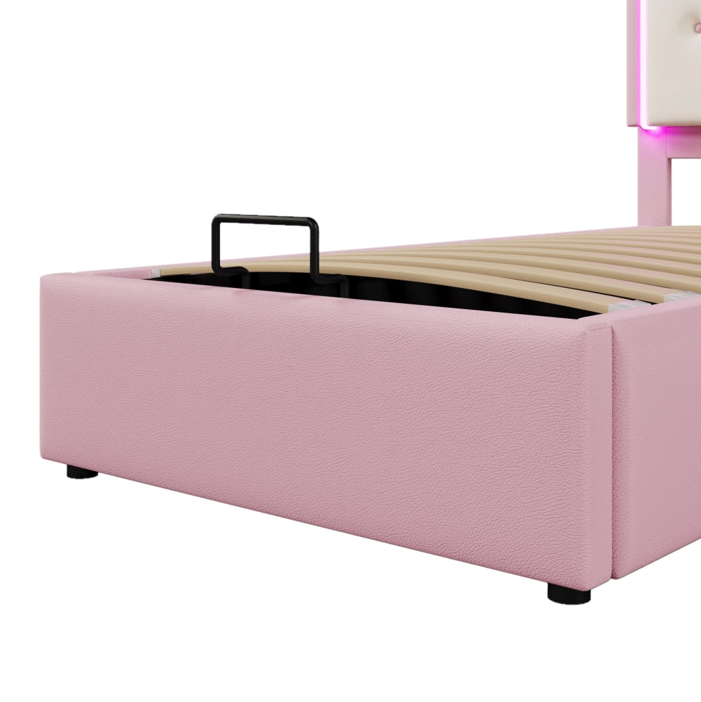 Letto imbottito per bambini rosa 90x200 cm con LED, vano idraulico e rete