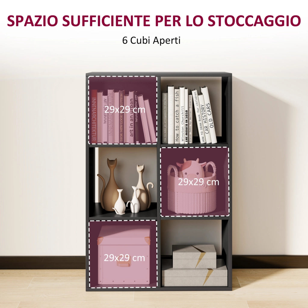 Libreria a Cubi con 6 Ripiani Portaoggetti, in Legno, 61.5x29.5x91.5 cm, Nero