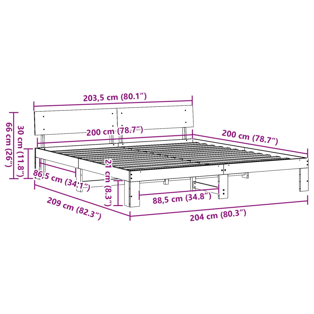 Struttura Letto con Testiera Marrone Cerato 200x200 cm Legno Massiccio di Pino