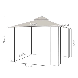 Gazebo da giardino 295x295x275 cm con doppio tetto, zanzariere laterali con zip e struttura in metallo beige