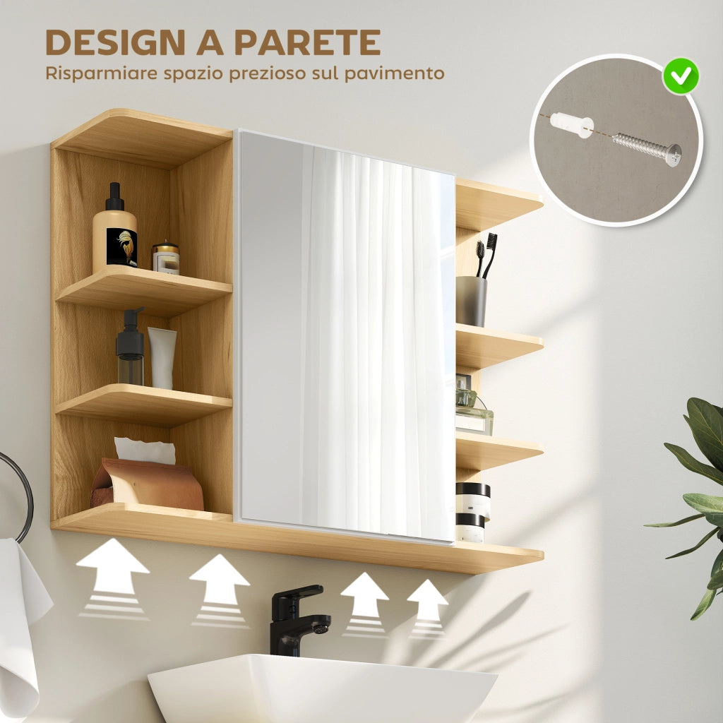 Specchiera Bagno con Armadietto a 2 Ripiani e 6 Vani Aperti. 80x20x59 cm. Legno
