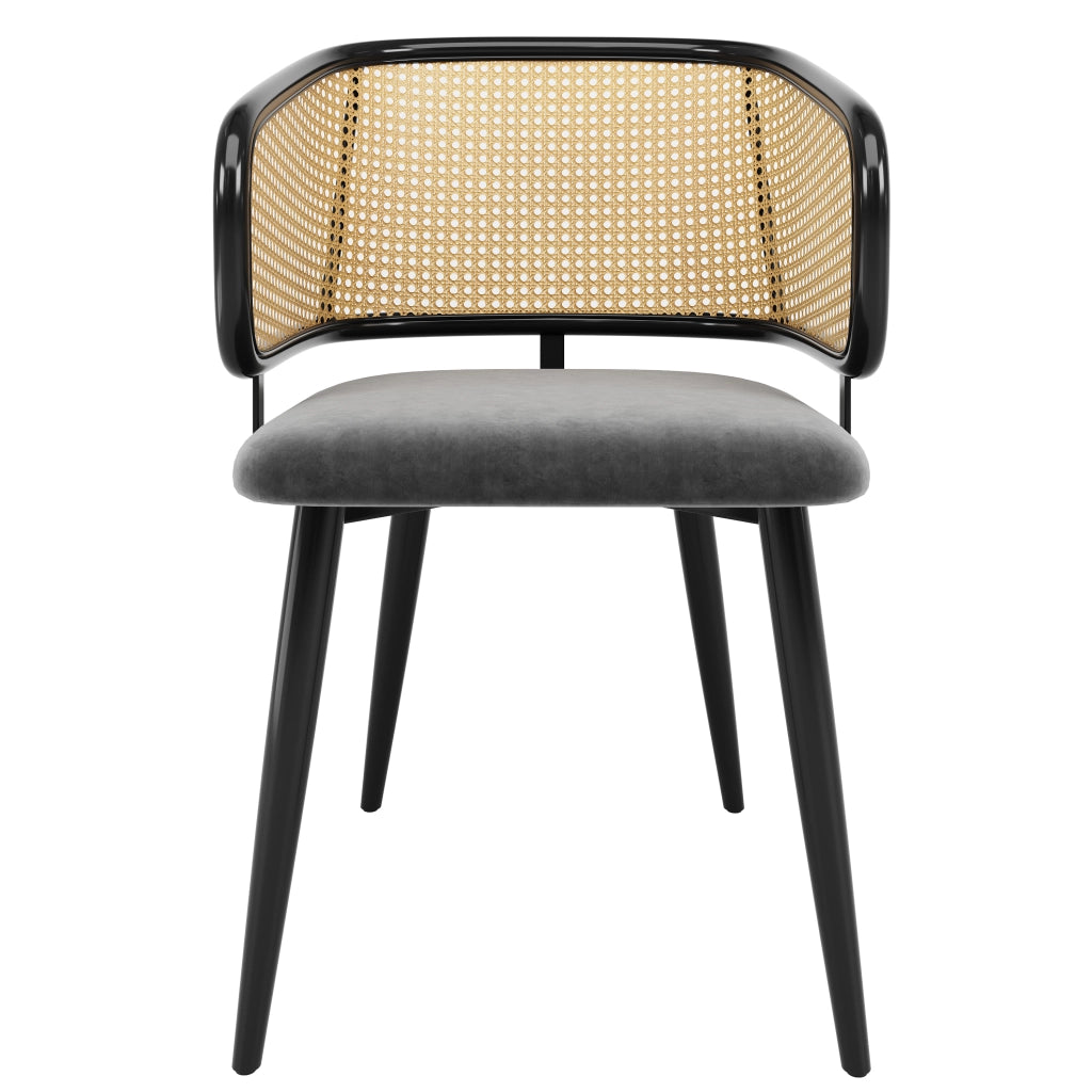 SEDIA da pranzo 47x51x79 cm in velluto grigio con schienale in rattan