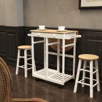 Carrello da Cucina Pieghevole, Mobile da Cucina Salvaspazio con 2 Sgabelli 2 Cassetti 5 Ruote (Rotazione 360°), Legno MDF Bianco