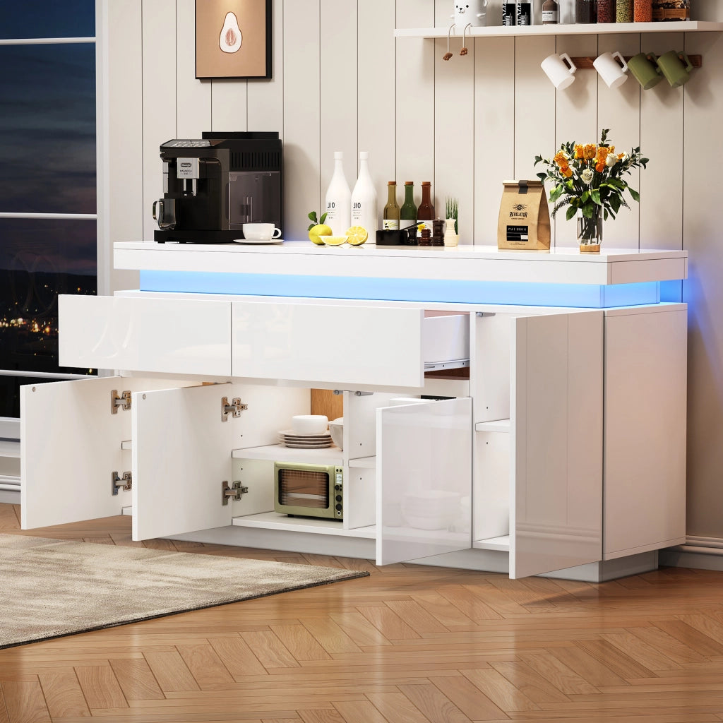 MADIA 140x35x72,5 cm Bianco lucido con 4 ante 2 cassetti e LED