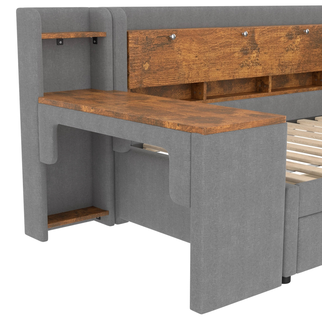 Letto singolo 90x200 cm grigio in lino e MDF con scrivania e 2 cassetti