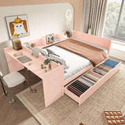 Letto-Xylo-140x200 cm-con scrivania, 2 cassetti, scaffali, pino, rosa