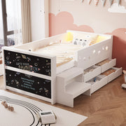 Letto singolo per bambini 90x200 cm in legno bianco con sponde traforate; cassetti e LED