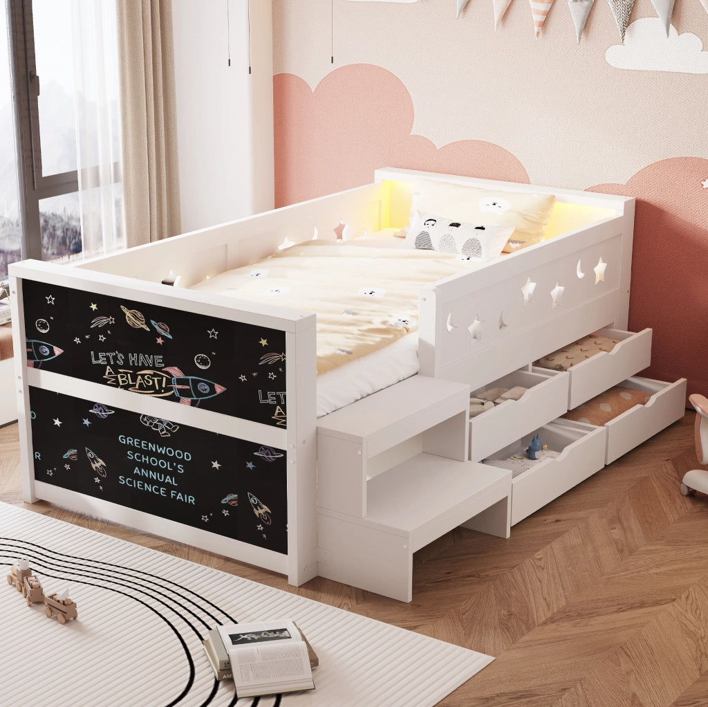 Letto singolo per bambini 90x200 cm in legno bianco con sponde traforate; cassetti e LED