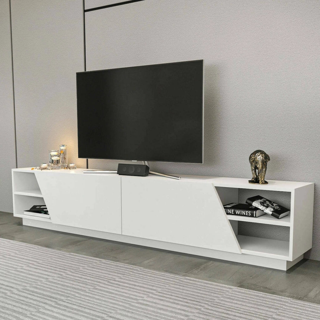 Mobile porta TV Apat, Credenza da soggiorno, Armadio basso per TV, Base parete attrezzata, 240x37h47 cm, Bianco