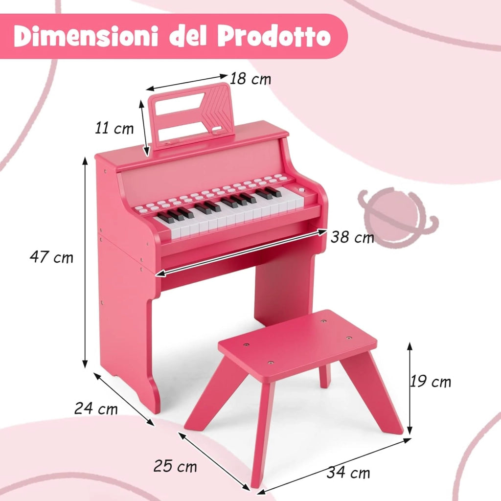 Pianoforte Digitale Bambini a 25 Tasti con Luci, Pianola Elettrica con 6 Toni, 15 Demo e 8 Percussioni, Set Tastiera Musicale con Sgabello e Leggio Rimovibile, per Bambini 3+ Anni (Rosa)