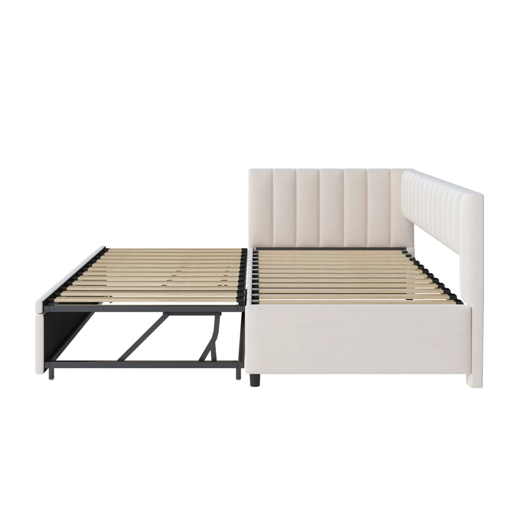 Divano letto a L estraibile in velluto beige 90 x 200 cm