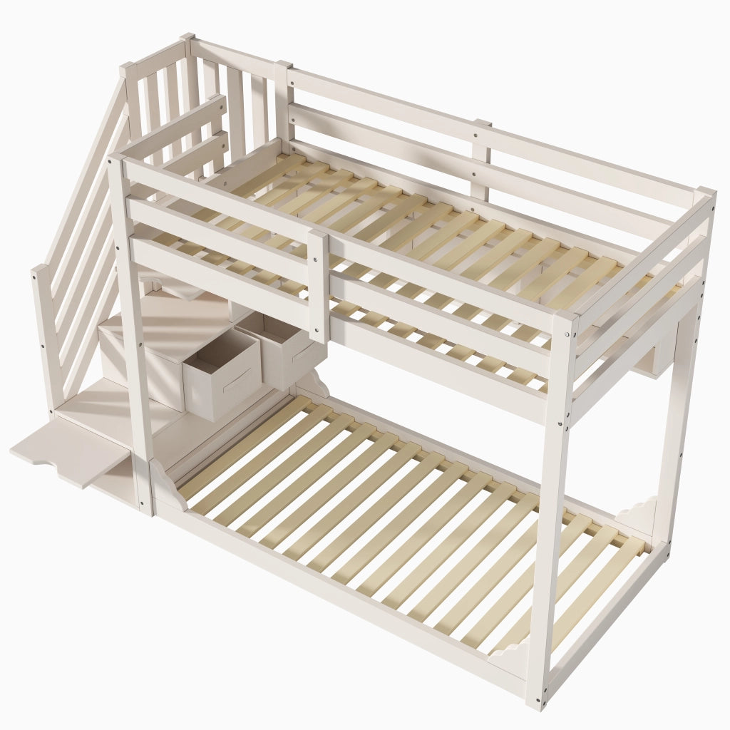 Letto a Castello 90x200 cm e 90x200 cm - Scala Contenitore e Mensole - Bianco