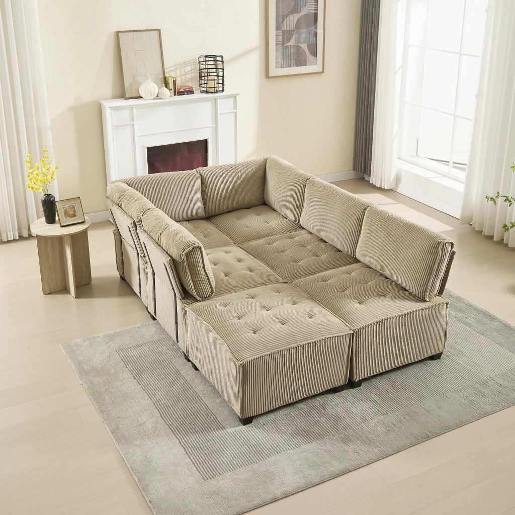 Divano Modulare 6 Posti con Tasche Portaoggetti; Convertibile a U o L o Letto; Comfort Ergonomico; Struttura Legno Metallo in Velluto a Coste Cachi
