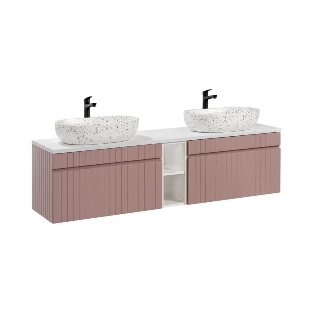 Set ICON: mobile sottolavabo 180cm con nicchie a vista + piano per lavabo + due lavabi da appoggio screziati