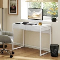 Scrivania Moderna con 2 Cassetti e Gambe in Acciaio, 100x50x75 cm, Bianco Lucido