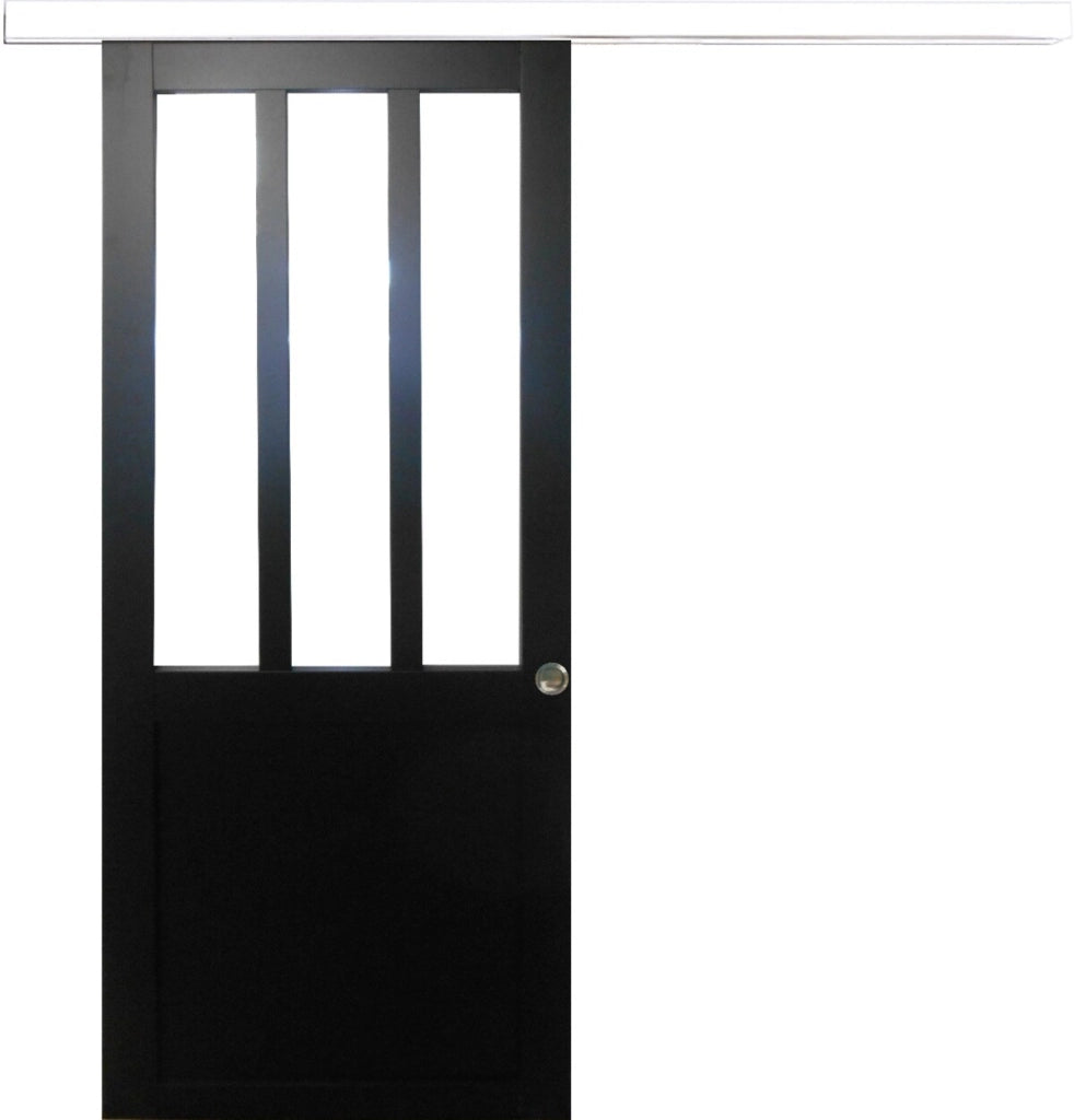 Porta scorrevole da officina rivestita di nero con larghezza 93 + guida in alluminio con balcone + 2 gusci installati