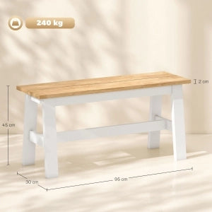 Panca da pranzo per 2 persone in legno di gomma, finitura effetto rovere, bianco, 95 x 30 x 45 cm