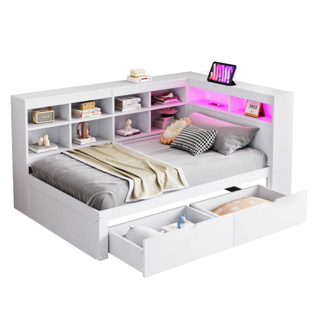 OKWISH Letto a Divano 90×200 cm, Letto Singolo con USB, Presa e LED Regolabile, Mensole e Cassetti, senza Materasso, Legno, Bianco