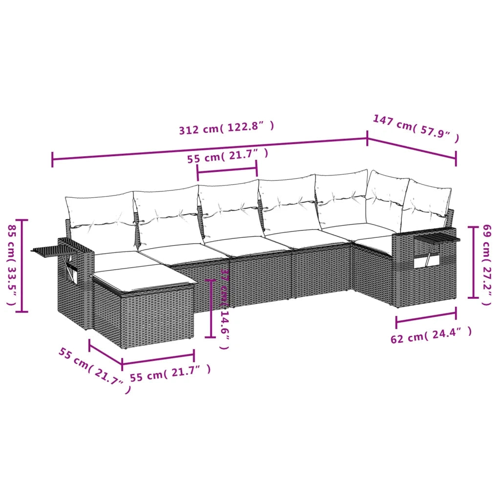 Set Divani da Giardino 7 pz con Cuscini Grigio in Polyrattan