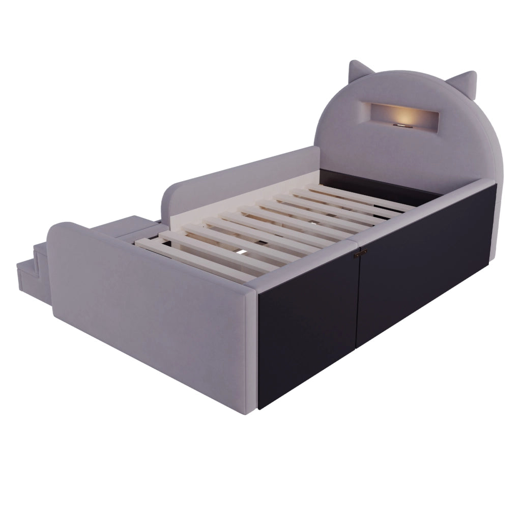 Letto imbottito per bambini 90x200 cm in velluto grigio scuro; testiera con luce notturna e USB