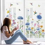 Sticker per finestra con fiori di giardino, farfalle, blu, fiori di campo, protezione contro i urti, decorazione per finestra doppia faccia, decorazione per finestra primavera estate