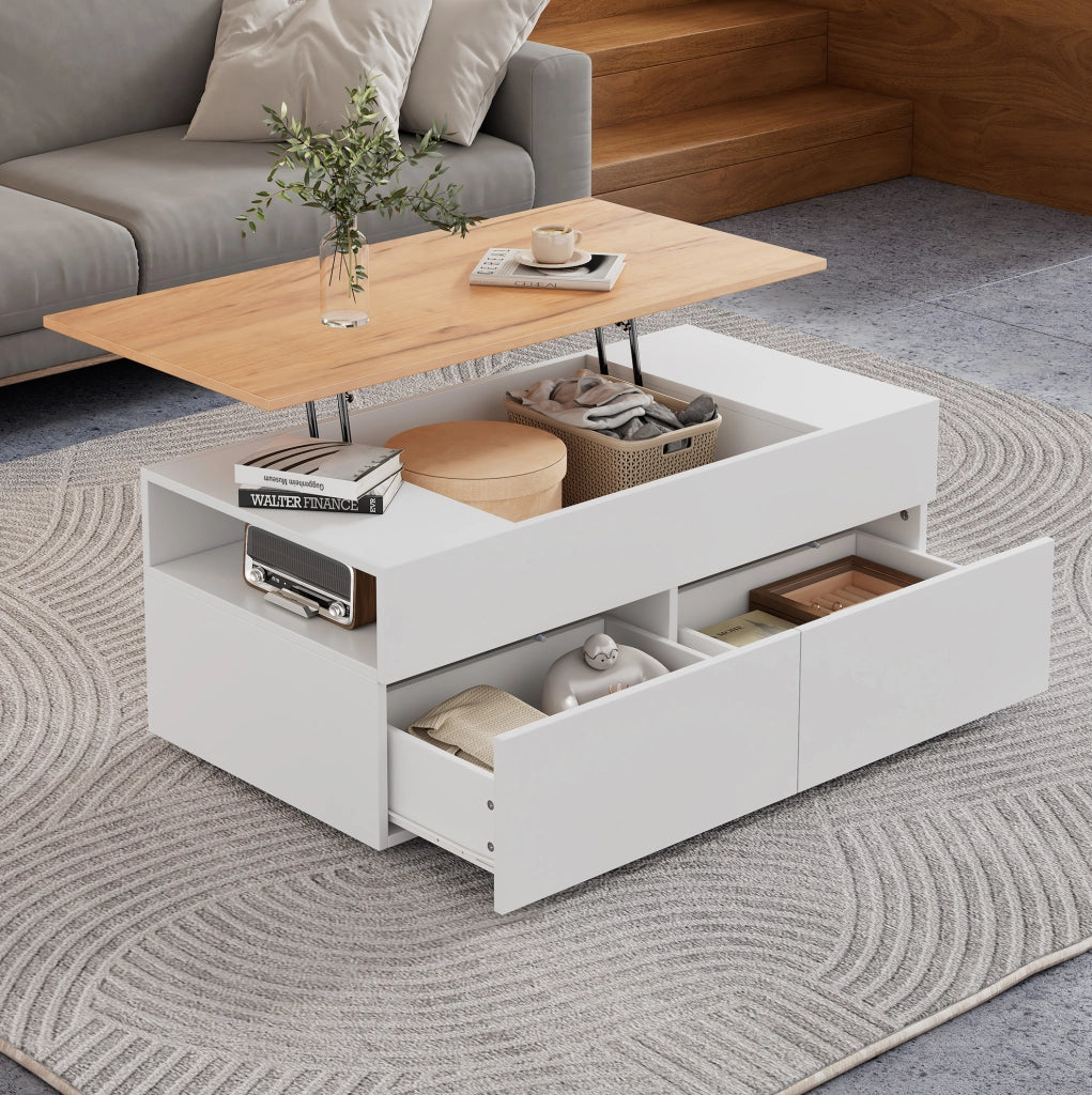 Tavolino da caffè sollevabile 100x50x40 cm con 2 cassetti; bianco e effetto legno