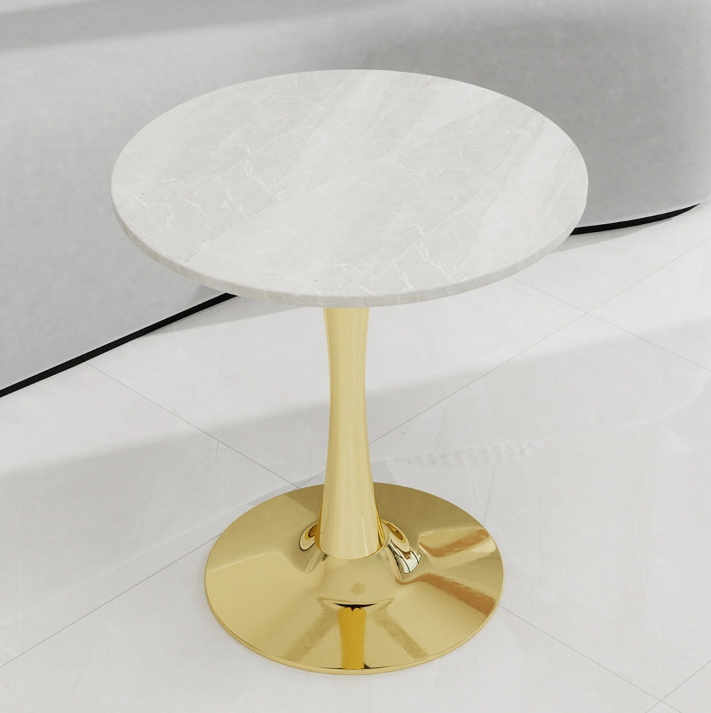 Tavolino rotondo; design minimalista e versatile in marmo artificiale; dorato e bianco