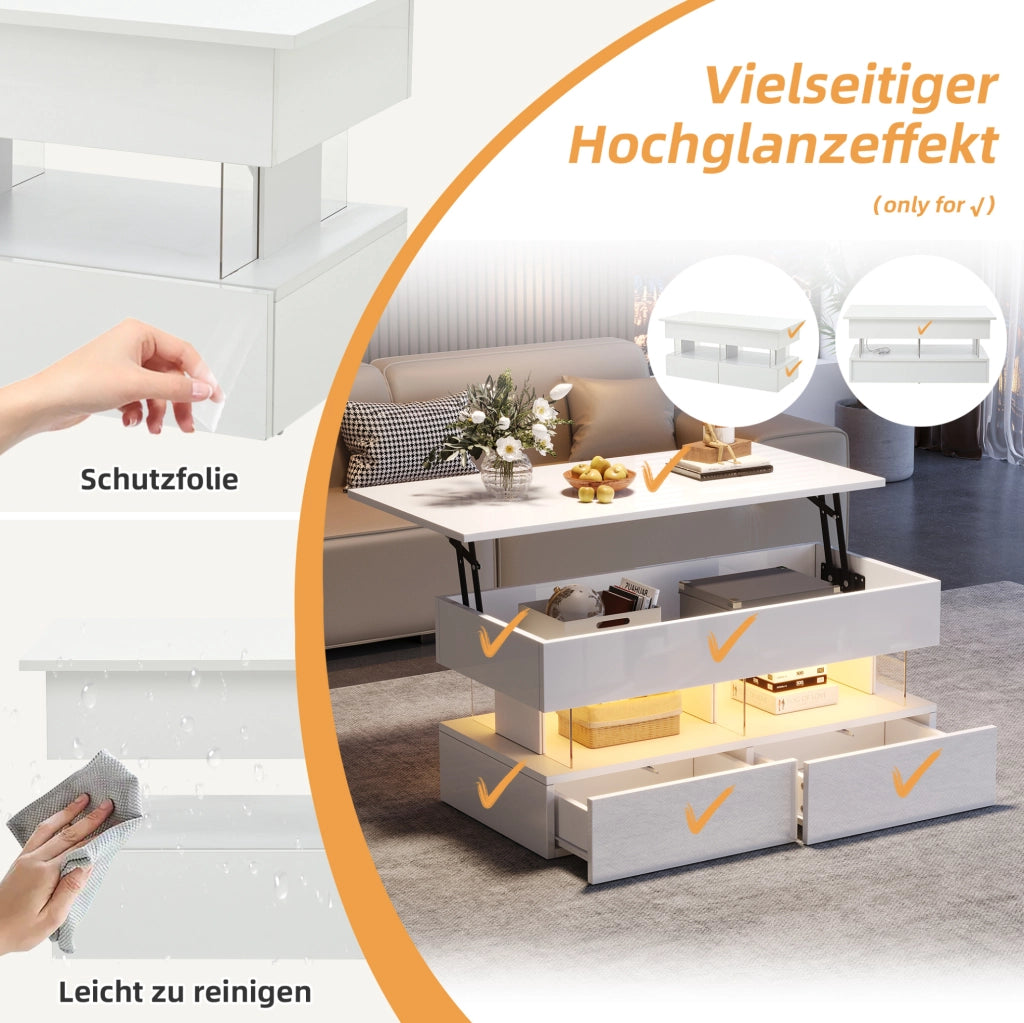 Tavolino da salotto sollevabile con spazio nascosto, cassetti e luce LED