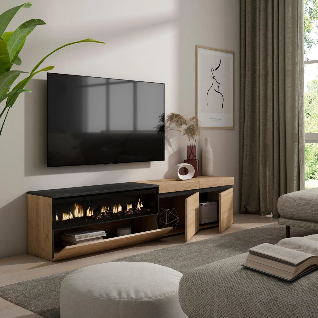 Mobile TV, 200x35x45cm, soggiorno, Per TV fino a 80", Camino elettrico, colore Rovere e nero RF2145