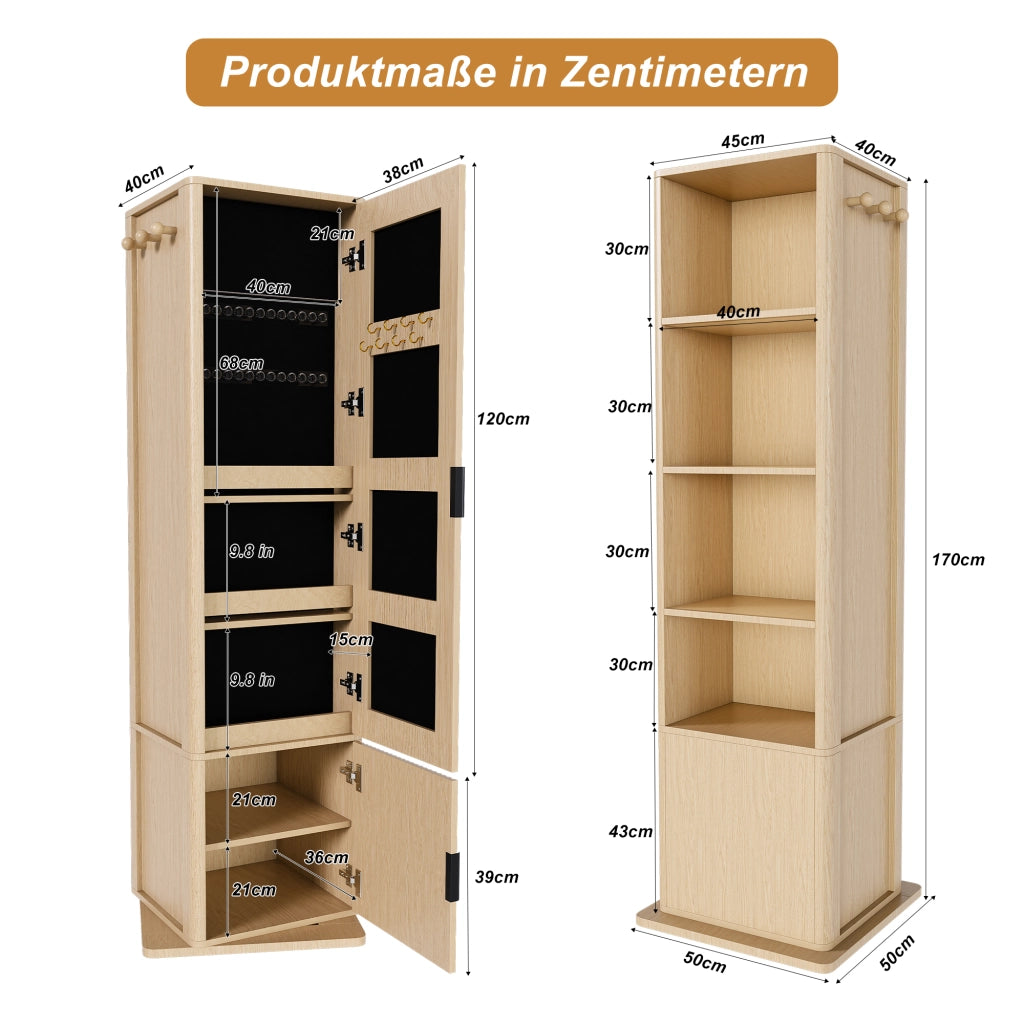 Mobile con specchio girevole con 6 ganci e 4 vani; porta gioielli e libreria per camera da letto; 50×50×170 cm