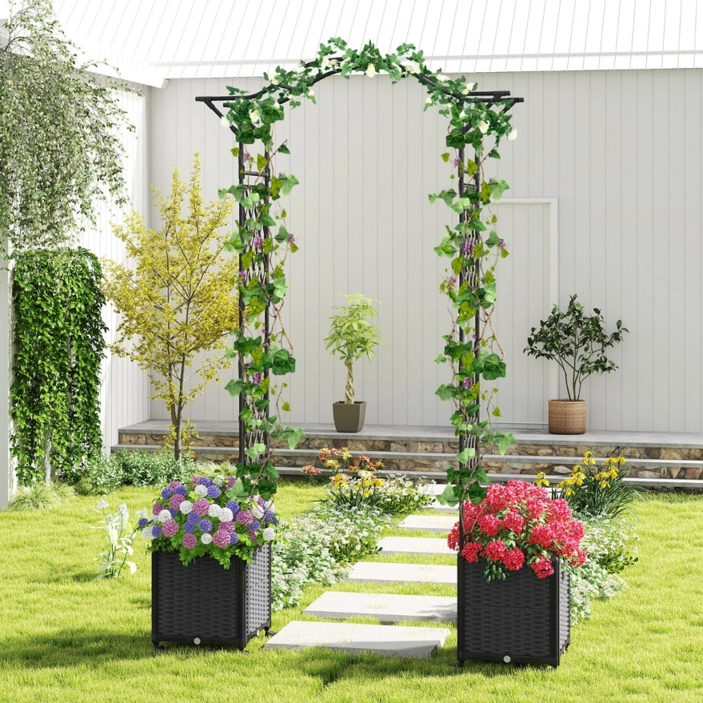 Arco in metallo da giardino con 2 fioriere auto-irriganti e ruote, Grande arco da matrimonio all'aperto per viti e rose Grigio-Fioriere