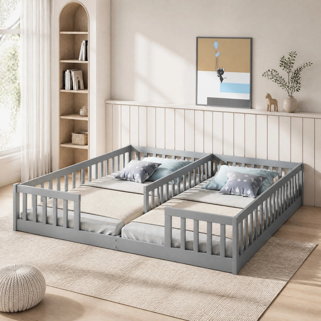 DESMIU Letto bambino 90 × 200 cm 2 posti con sponda di sicurezza, senza materasso, in pino e MDF, grigio