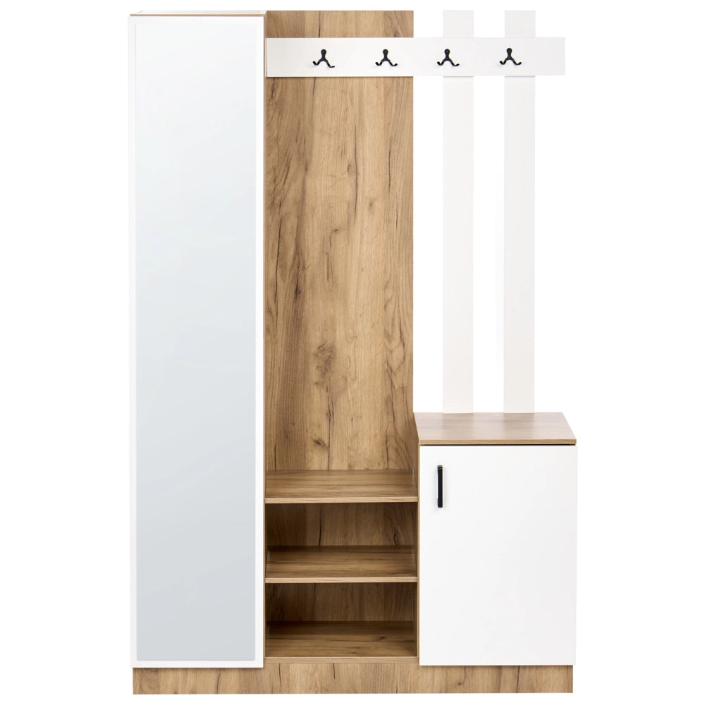 Mobile da ingresso in truciolato marrone chiaro 111 x 37 x 170 cm con appendiabiti scarpiera, armadio e ante a specchio moderno